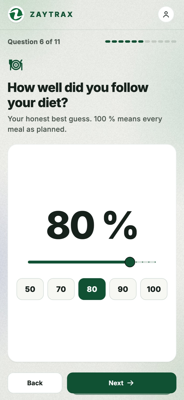 The check-in on a phone: How well did you follow your diet? 80 percent is selected.