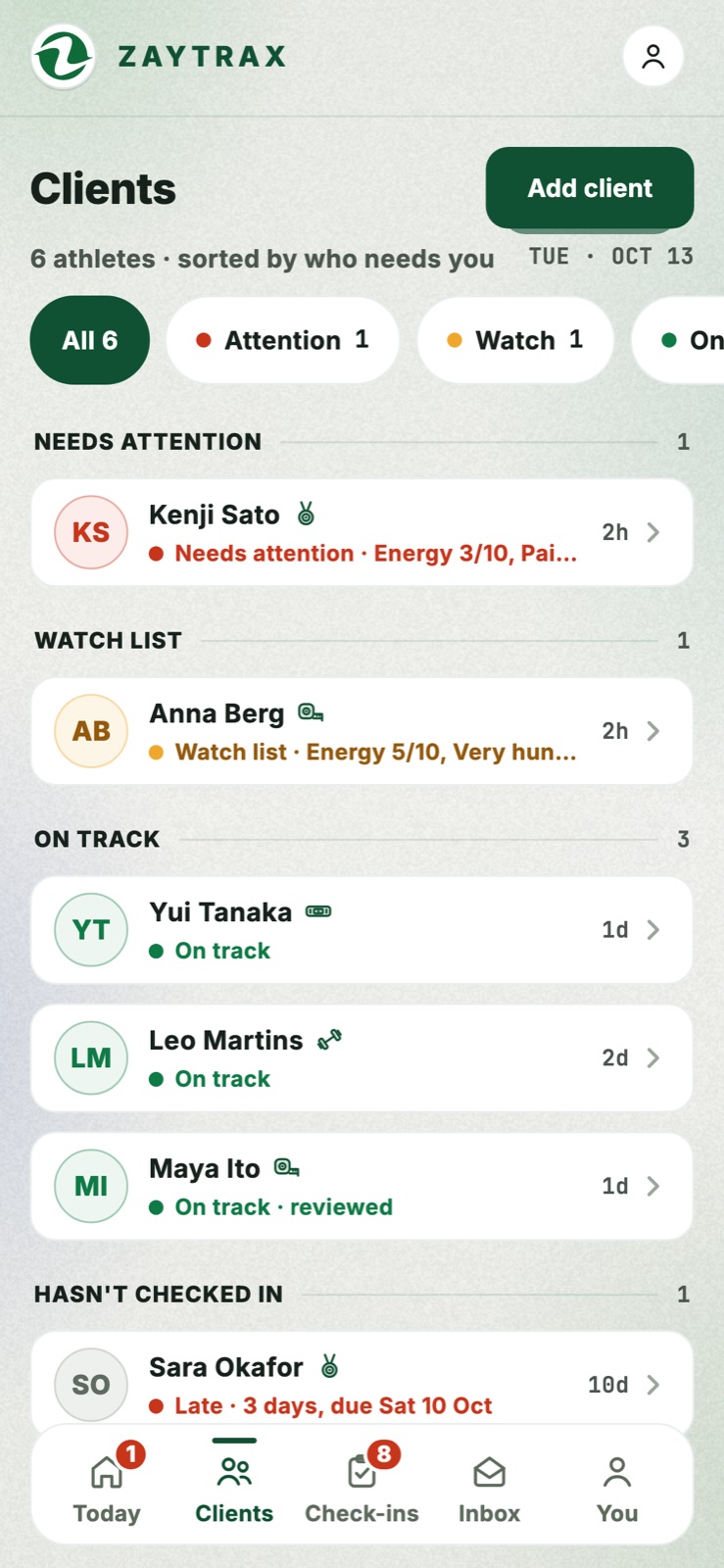 The Clients list sorted by who needs you: Kenji Sato needs attention, Anna Berg is on the watch list, three are on track, Sara Okafor is late.